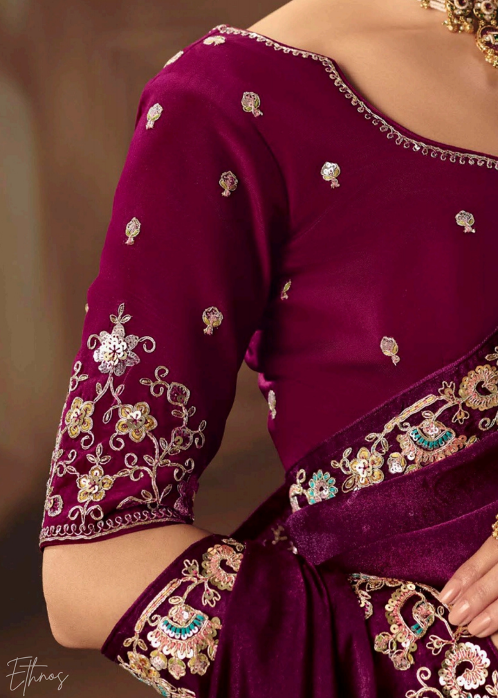 Magenta Sequins Organza Saree