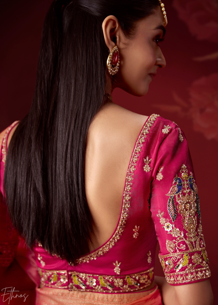 Magenta Textured Chevron Ombre Dola Silk Saree