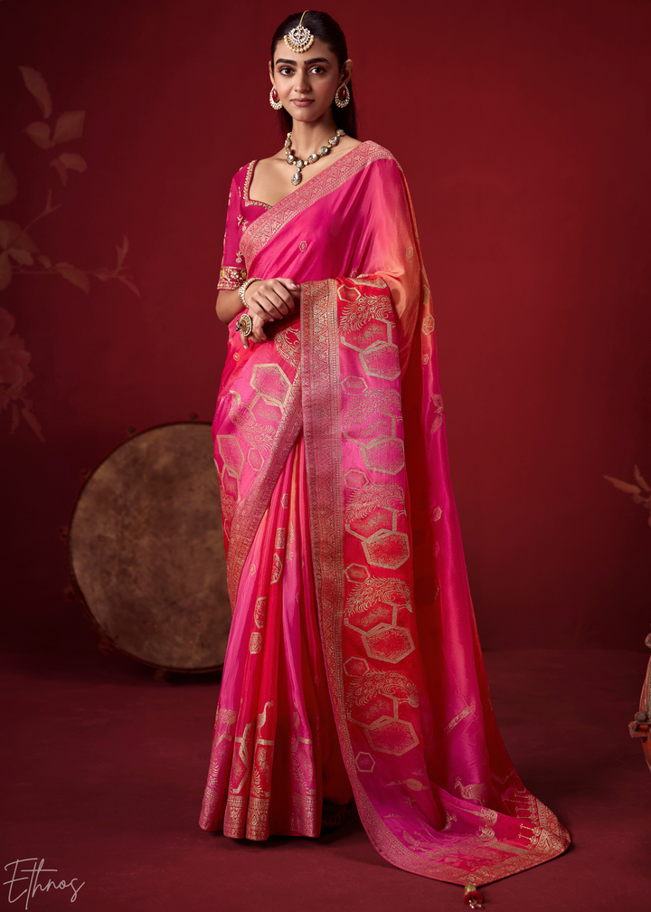 Magenta Textured Chevron Ombre Dola Silk Saree