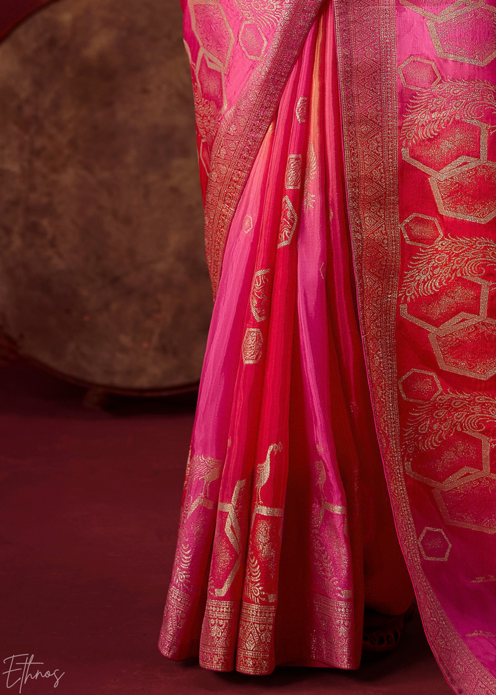 Magenta Textured Chevron Ombre Dola Silk Saree