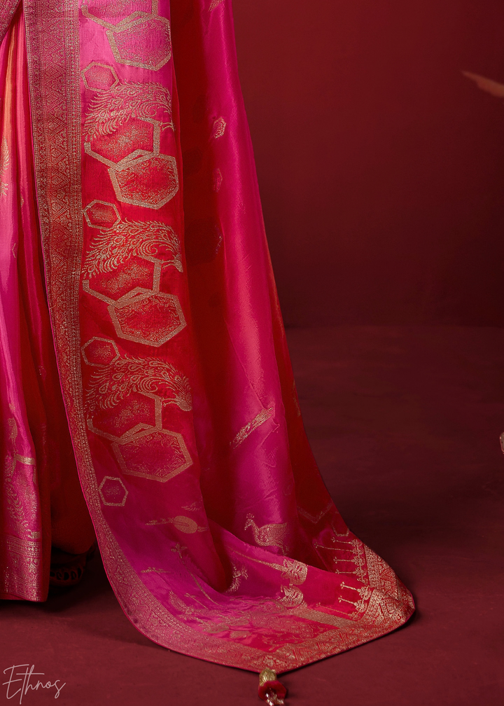 Magenta Textured Chevron Ombre Dola Silk Saree