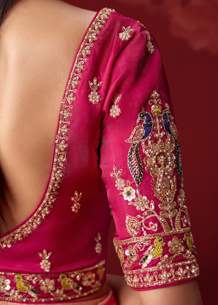 Magenta Textured Chevron Ombre Dola Silk Saree