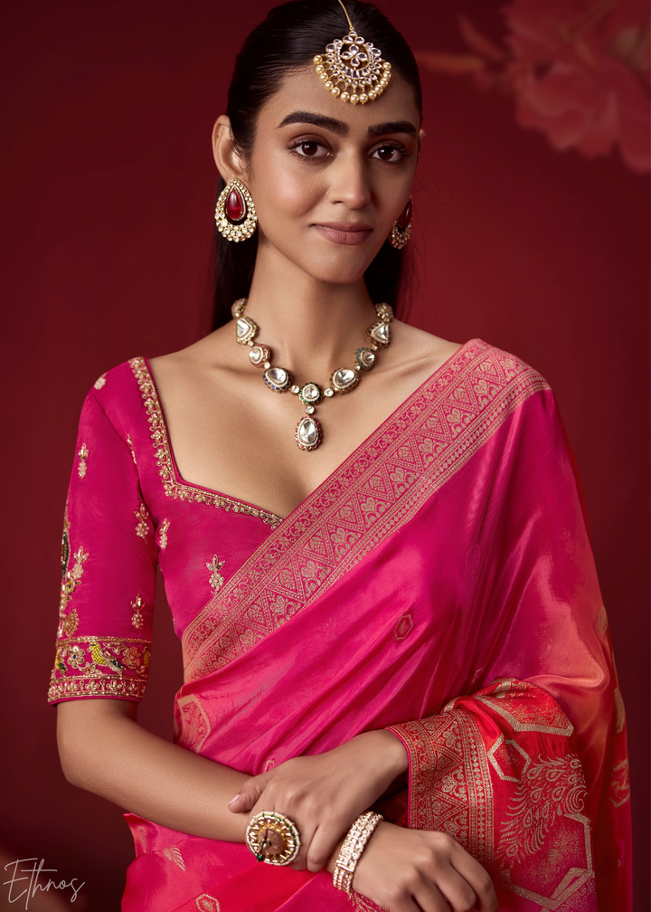Magenta Textured Chevron Ombre Dola Silk Saree