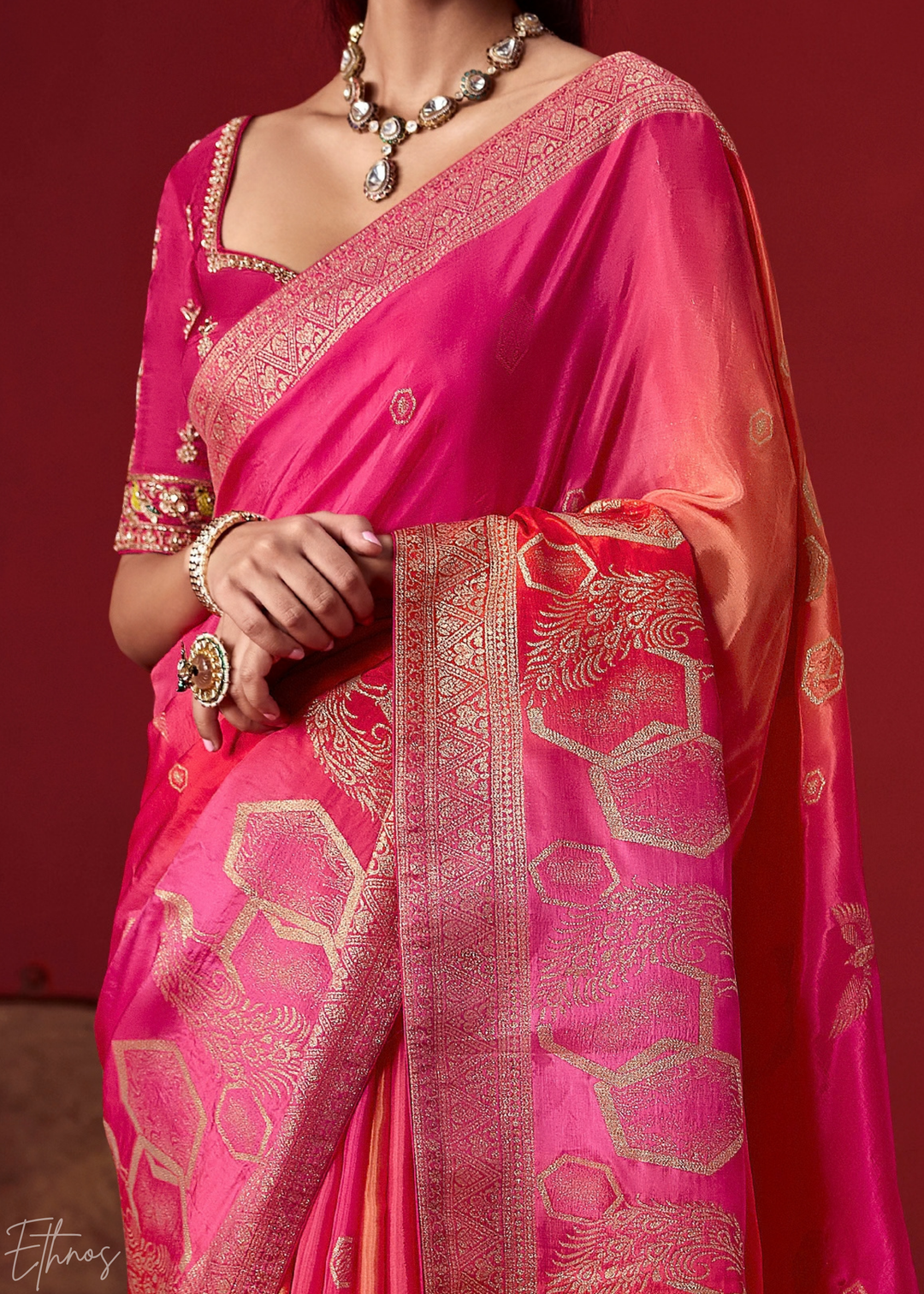 Magenta Textured Chevron Ombre Dola Silk Saree