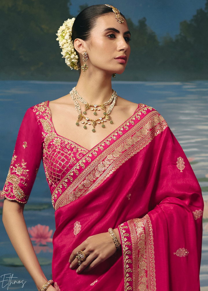 Magenta Traditional Zari Woven Border Dola Silk Saree