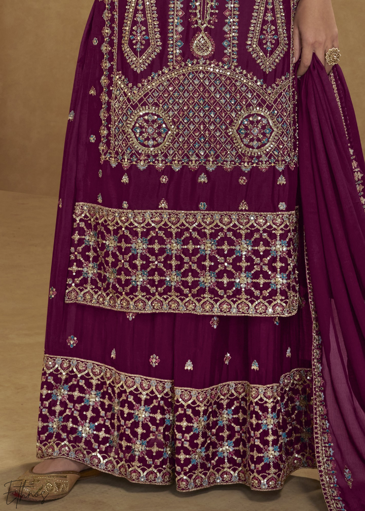 Burgundy Zari-Encrusted Chinon Palazzo Suit
