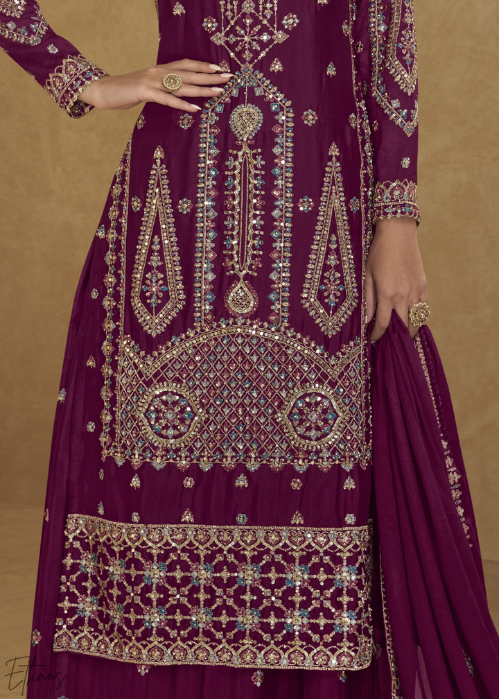 Burgundy Zari-Encrusted Chinon Palazzo Suit