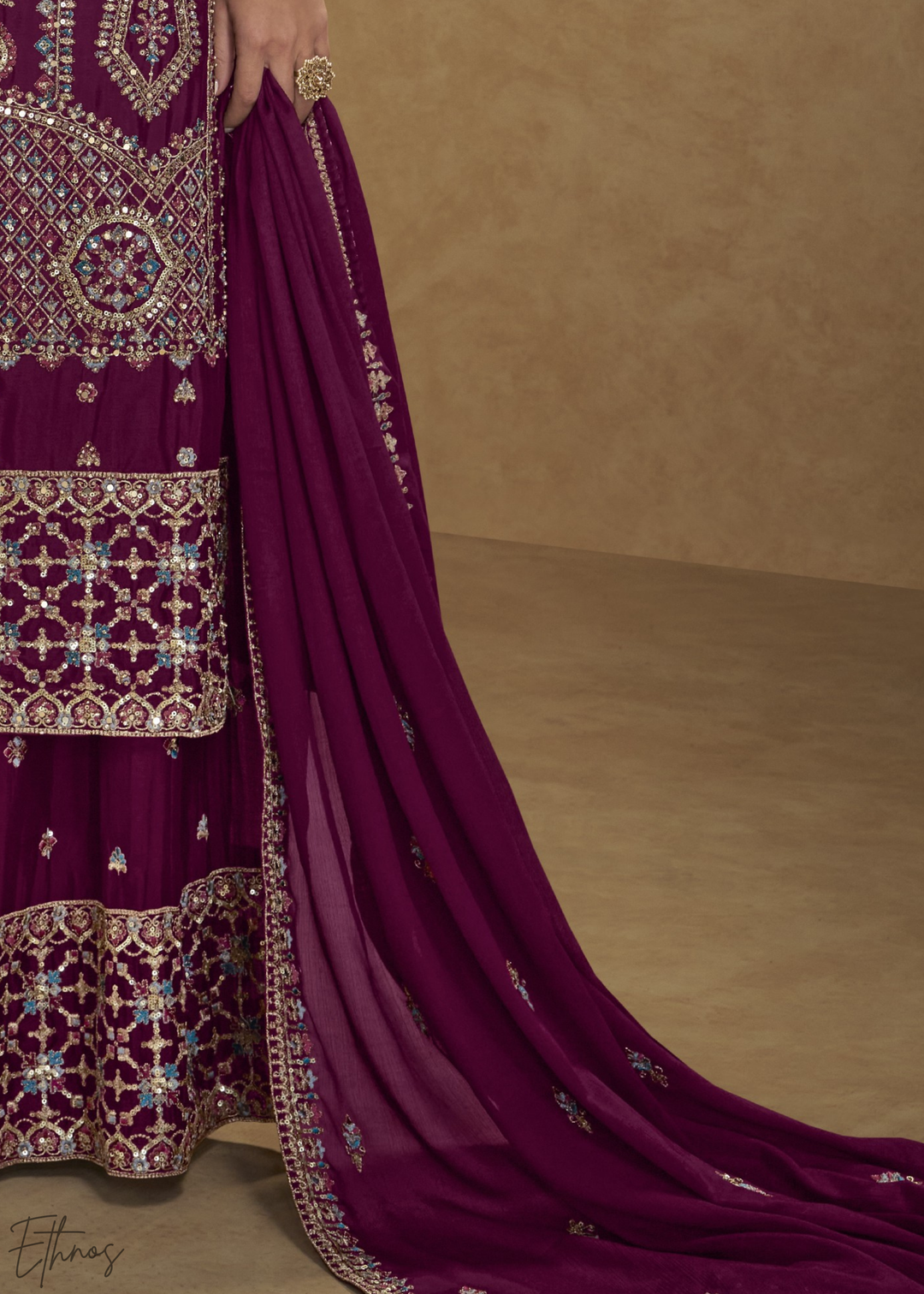 Burgundy Zari-Encrusted Chinon Palazzo Suit