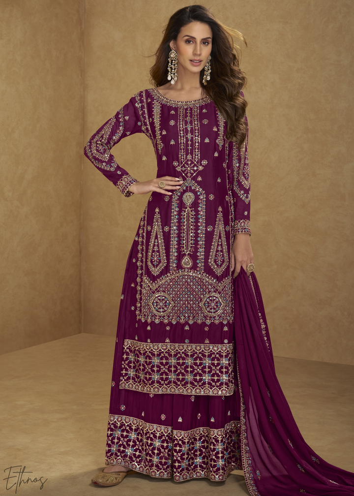 Burgundy Zari-Encrusted Chinon Palazzo Suit