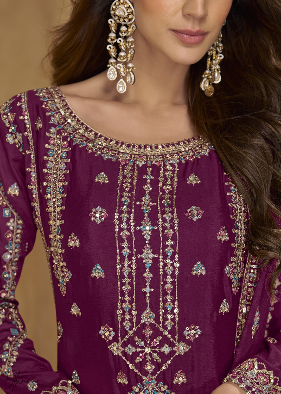 Burgundy Zari-Encrusted Chinon Palazzo Suit