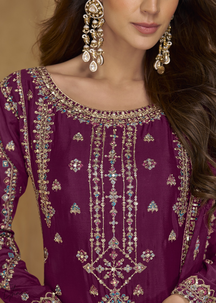 Burgundy Zari-Encrusted Chinon Palazzo Suit