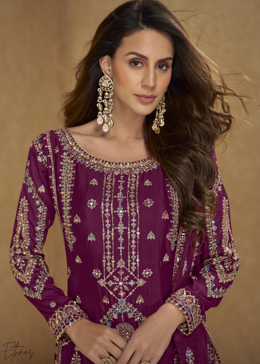 Burgundy Zari-Encrusted Chinon Palazzo Suit