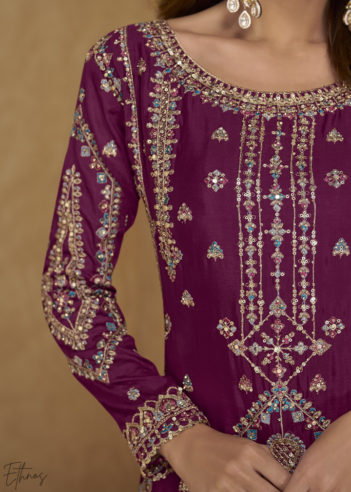 Burgundy Zari-Encrusted Chinon Palazzo Suit