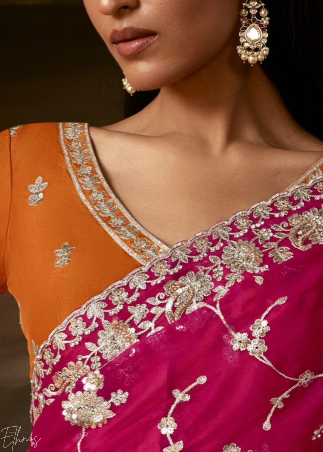 Magenta Cutwork Scallop Border Organza Saree