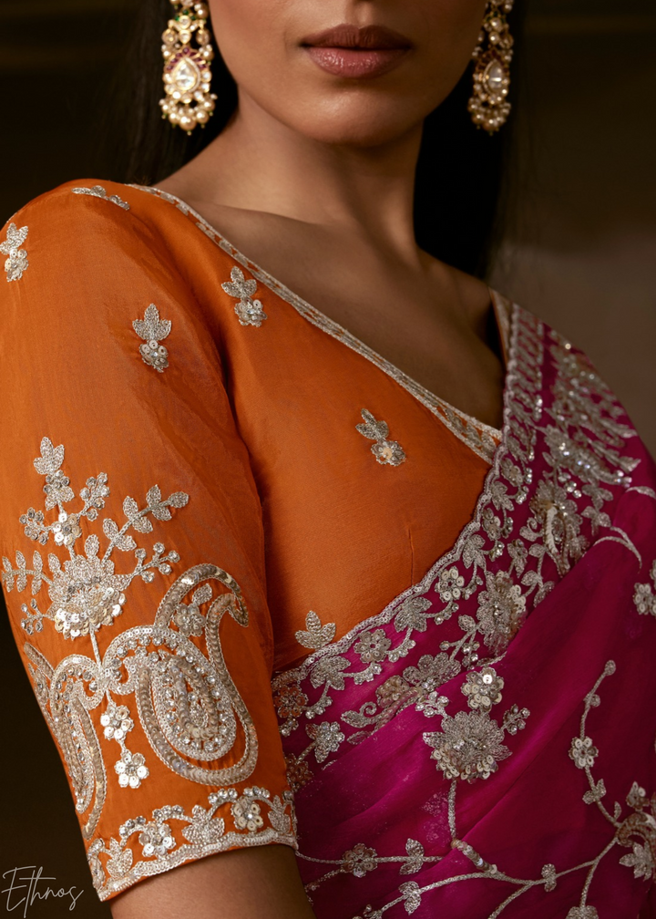 Magenta Cutwork Scallop Border Organza Saree