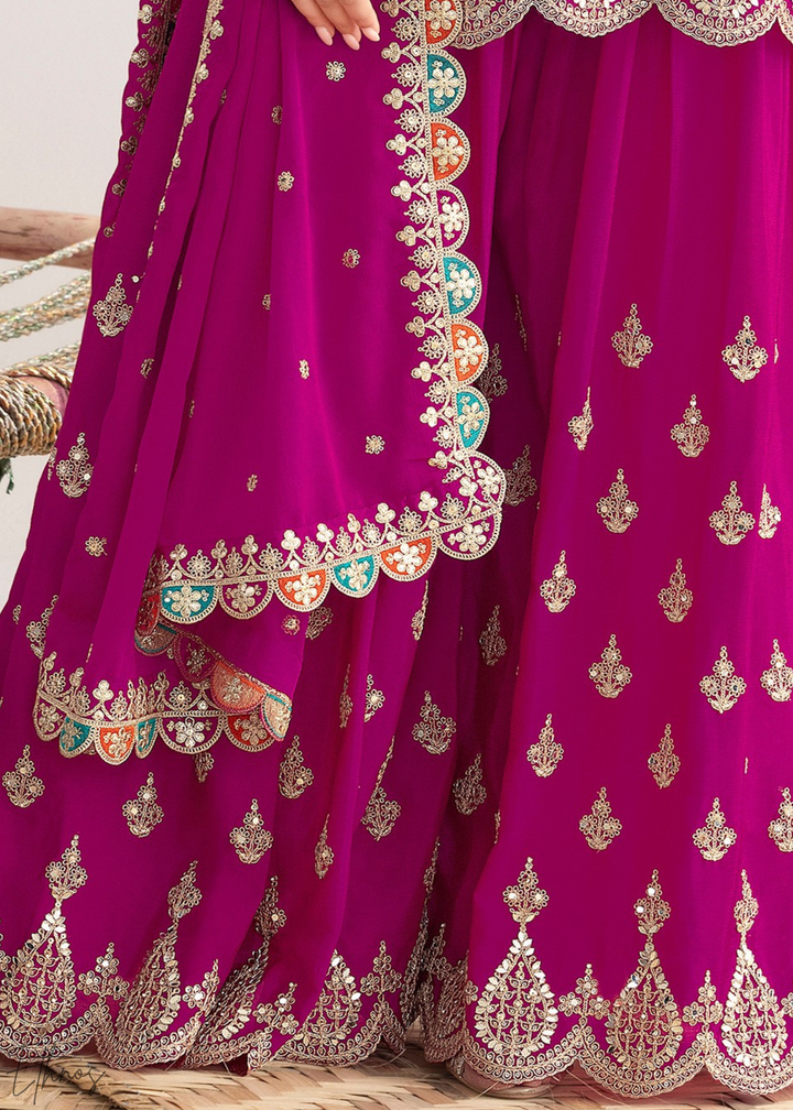 Magenta Resham Embroidered Chinon Palazzo Suit