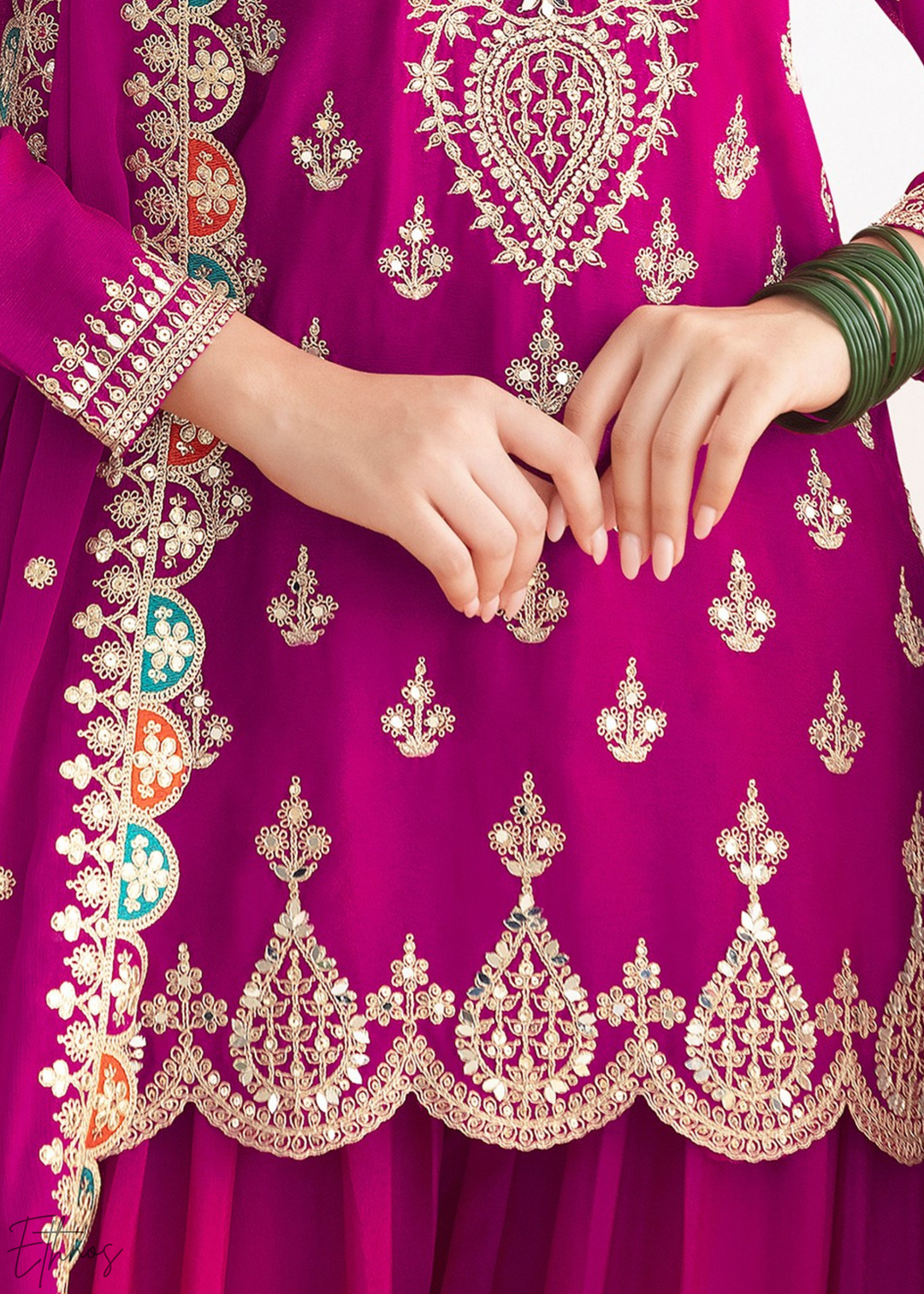 Magenta Resham Embroidered Chinon Palazzo Suit