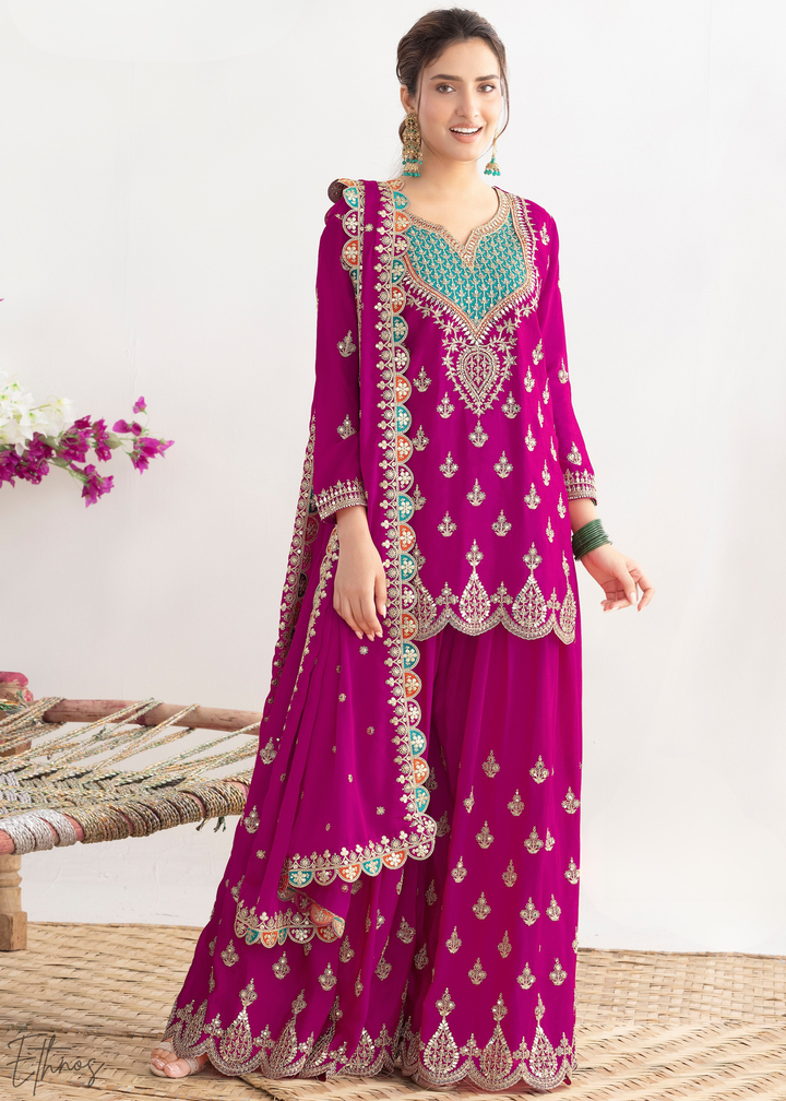 Magenta Resham Embroidered Chinon Palazzo Suit