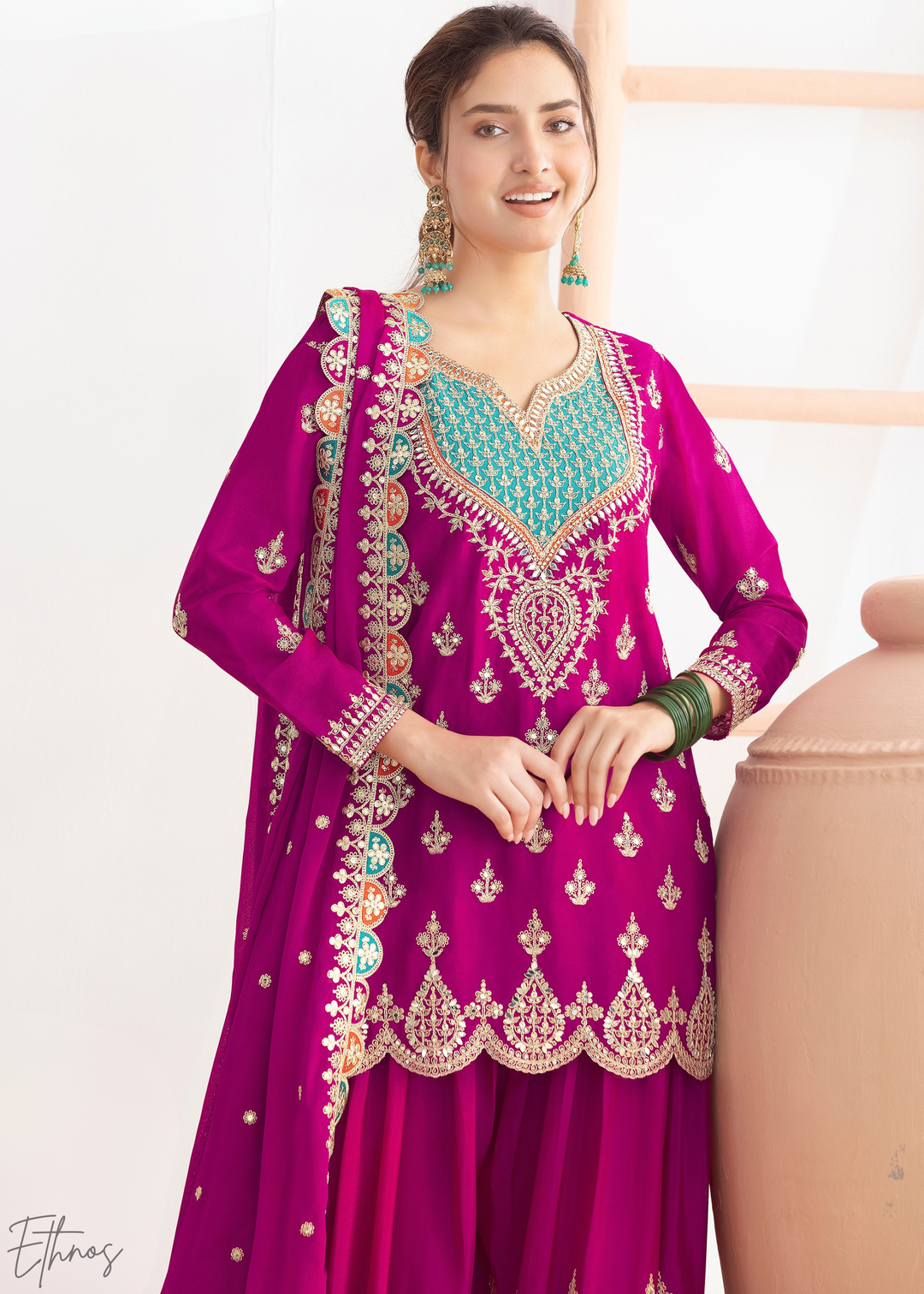 Magenta Resham Embroidered Chinon Palazzo Suit