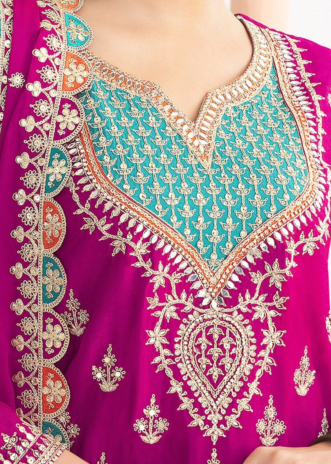 Magenta Resham Embroidered Chinon Palazzo Suit