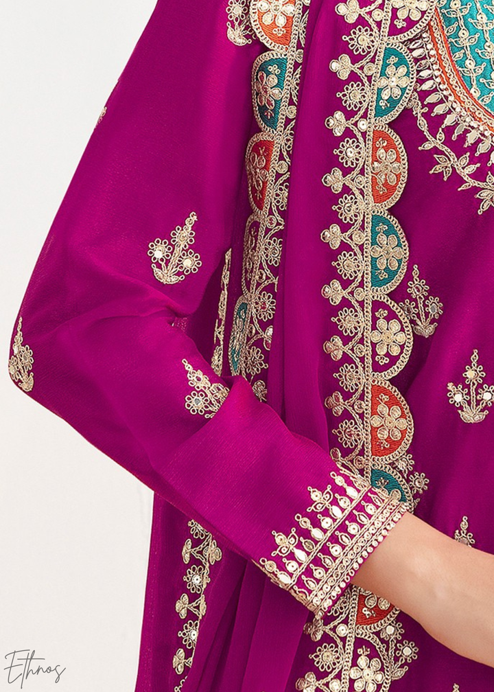 Magenta Resham Embroidered Chinon Palazzo Suit