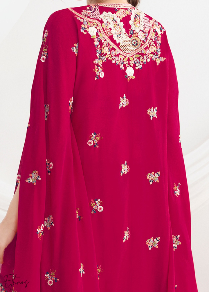Coral Red Chinon Kaftaan Palazzo Suit
