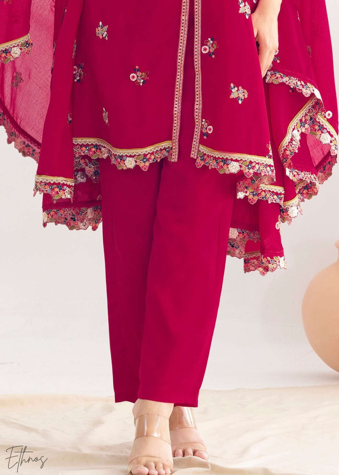 Coral Red Chinon Kaftaan Palazzo Suit