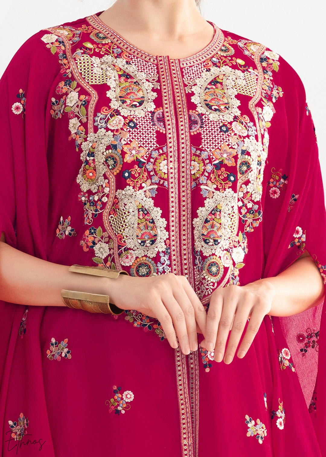 Coral Red Chinon Kaftaan Palazzo Suit