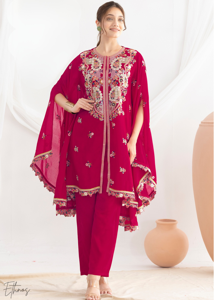 Coral Red Chinon Kaftaan Palazzo Suit