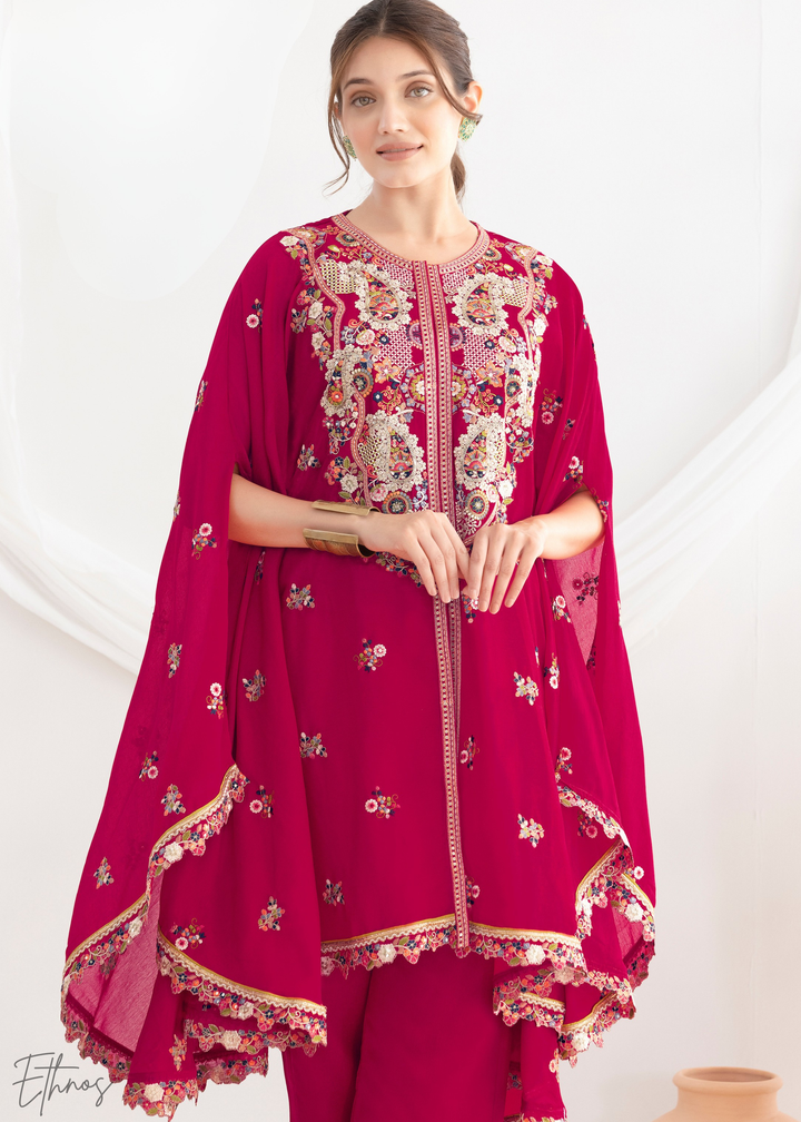 Coral Red Chinon Kaftaan Palazzo Suit