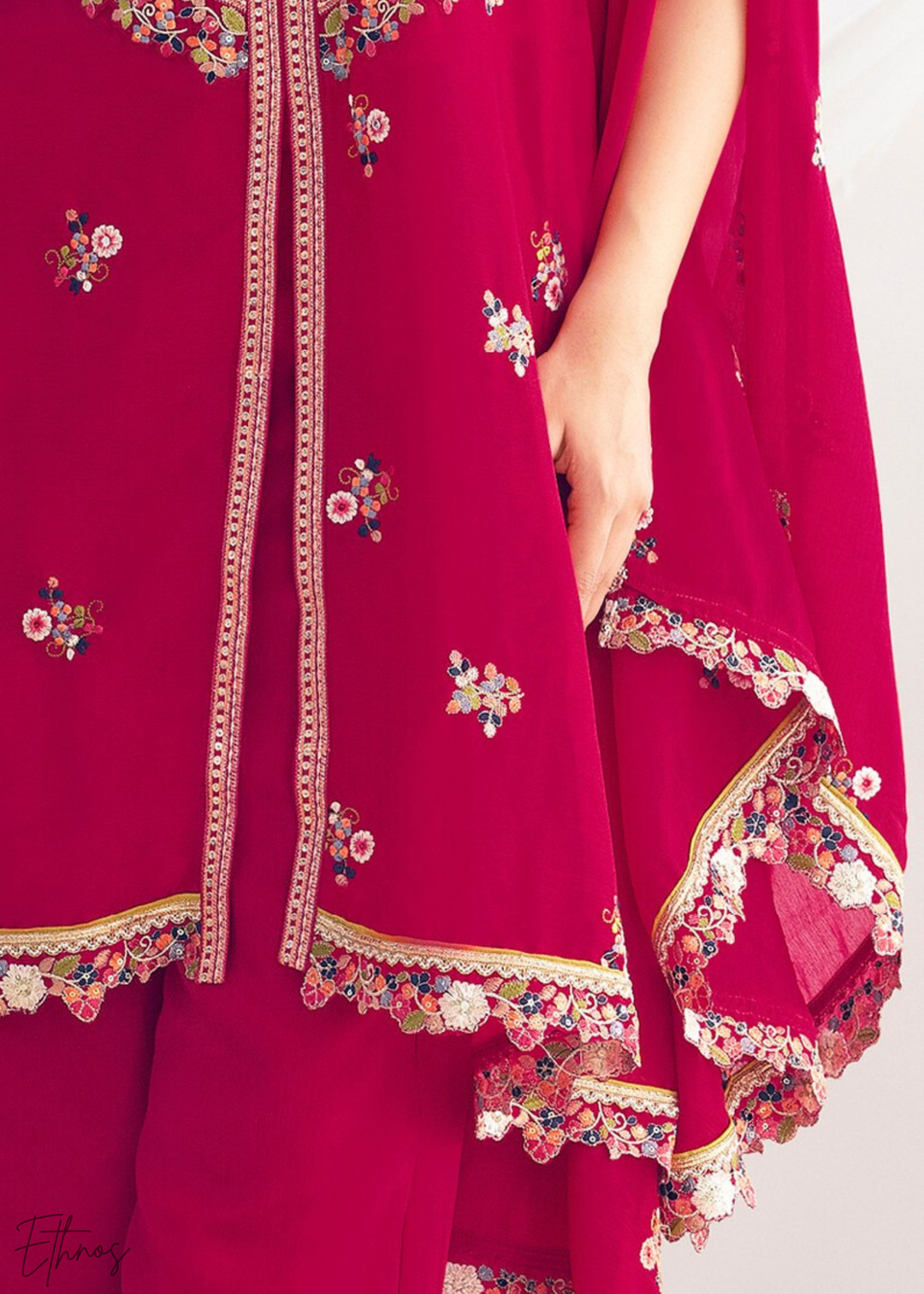 Coral Red Chinon Kaftaan Palazzo Suit