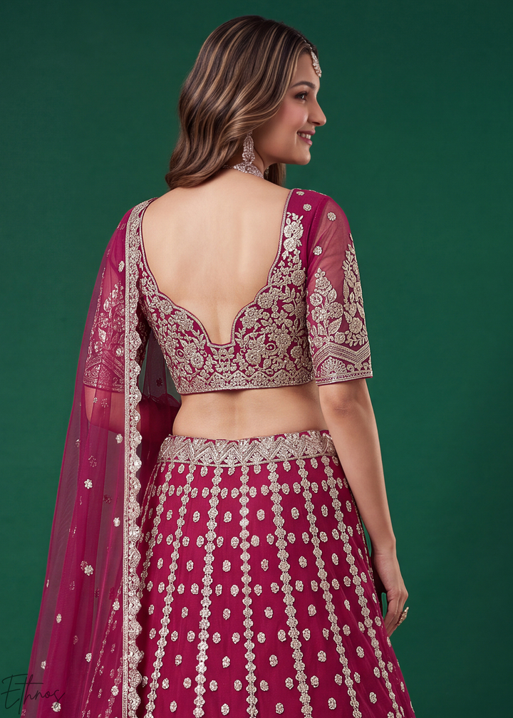 Magenta Pink Heavy Floral Embroidered Net Lehenga