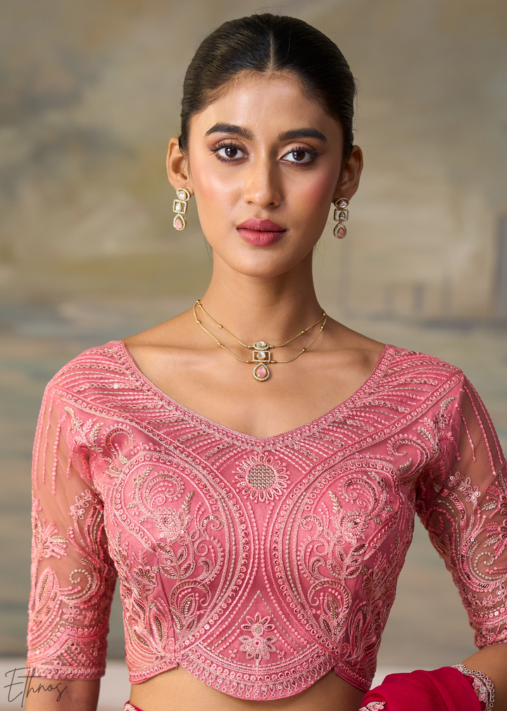 Magenta Pink Ruffle Border Georgette Saree