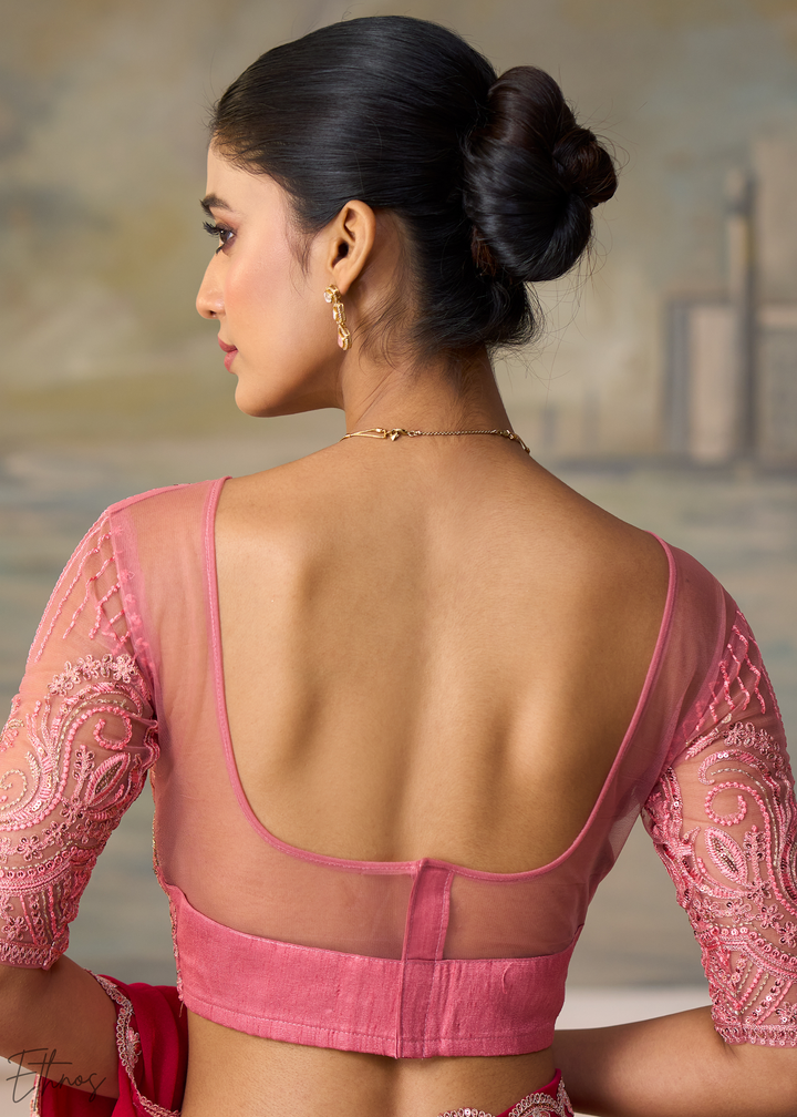 Magenta Pink Ruffle Border Georgette Saree