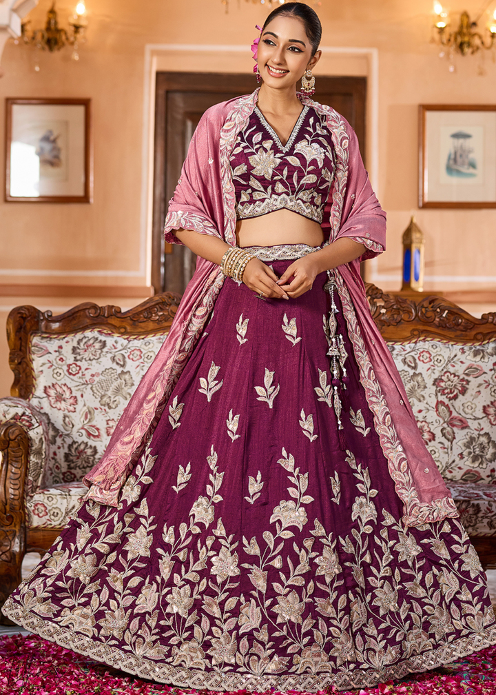 Magenta Plum Floral Gota Embroidered Silk Lehenga Choli