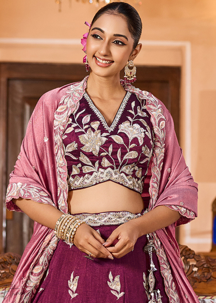 Magenta Plum Floral Gota Embroidered Silk Lehenga Choli