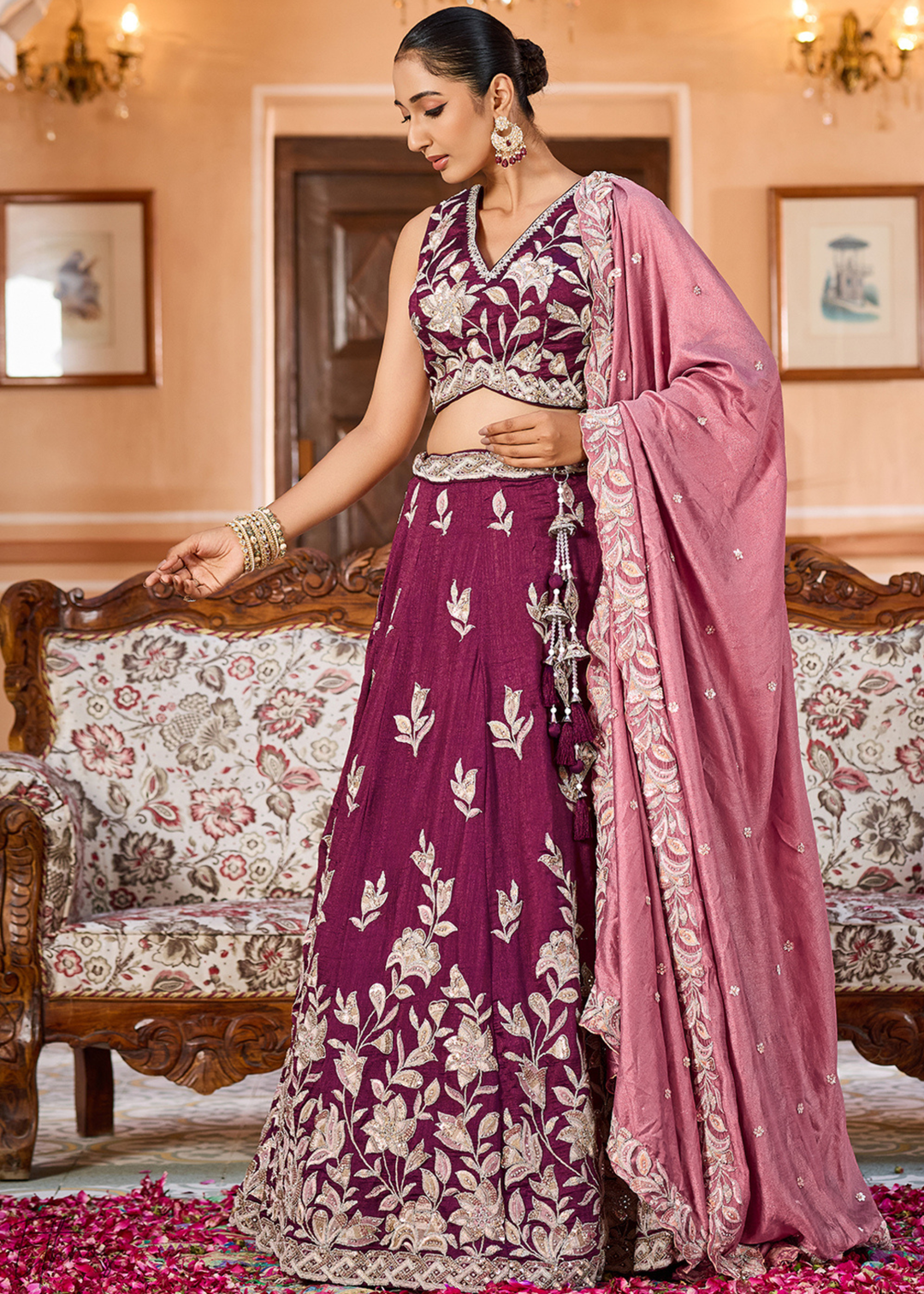 Magenta Plum Floral Gota Embroidered Silk Lehenga Choli