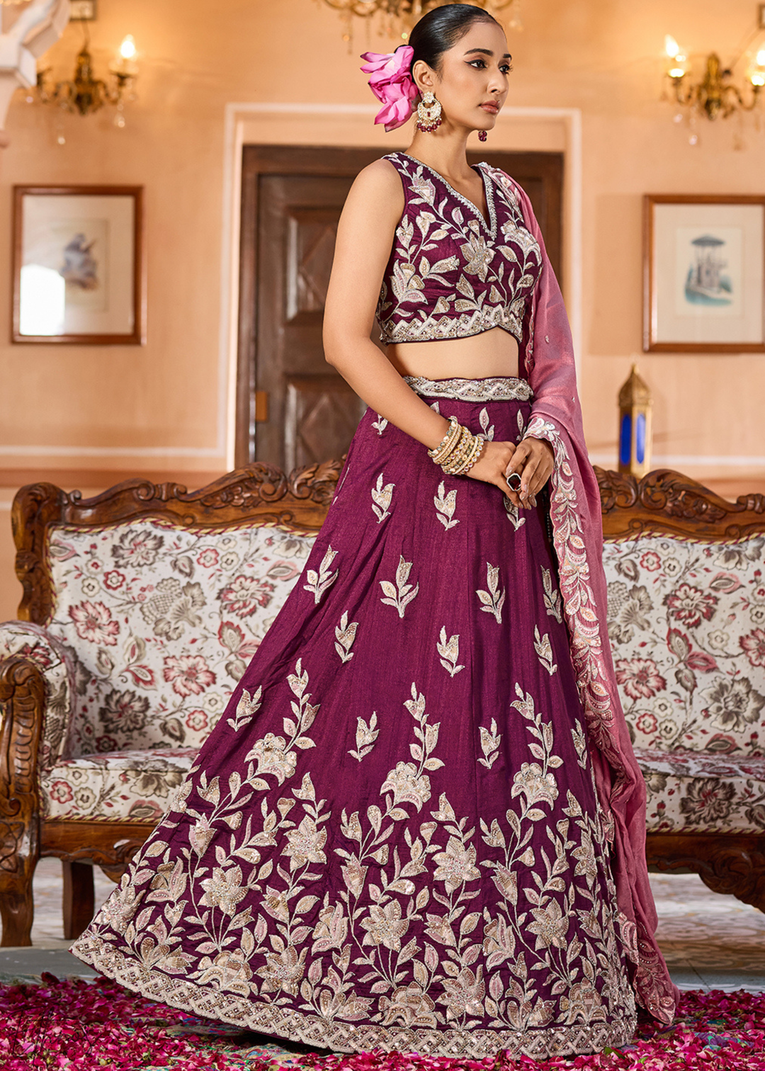 Magenta Plum Floral Gota Embroidered Silk Lehenga Choli