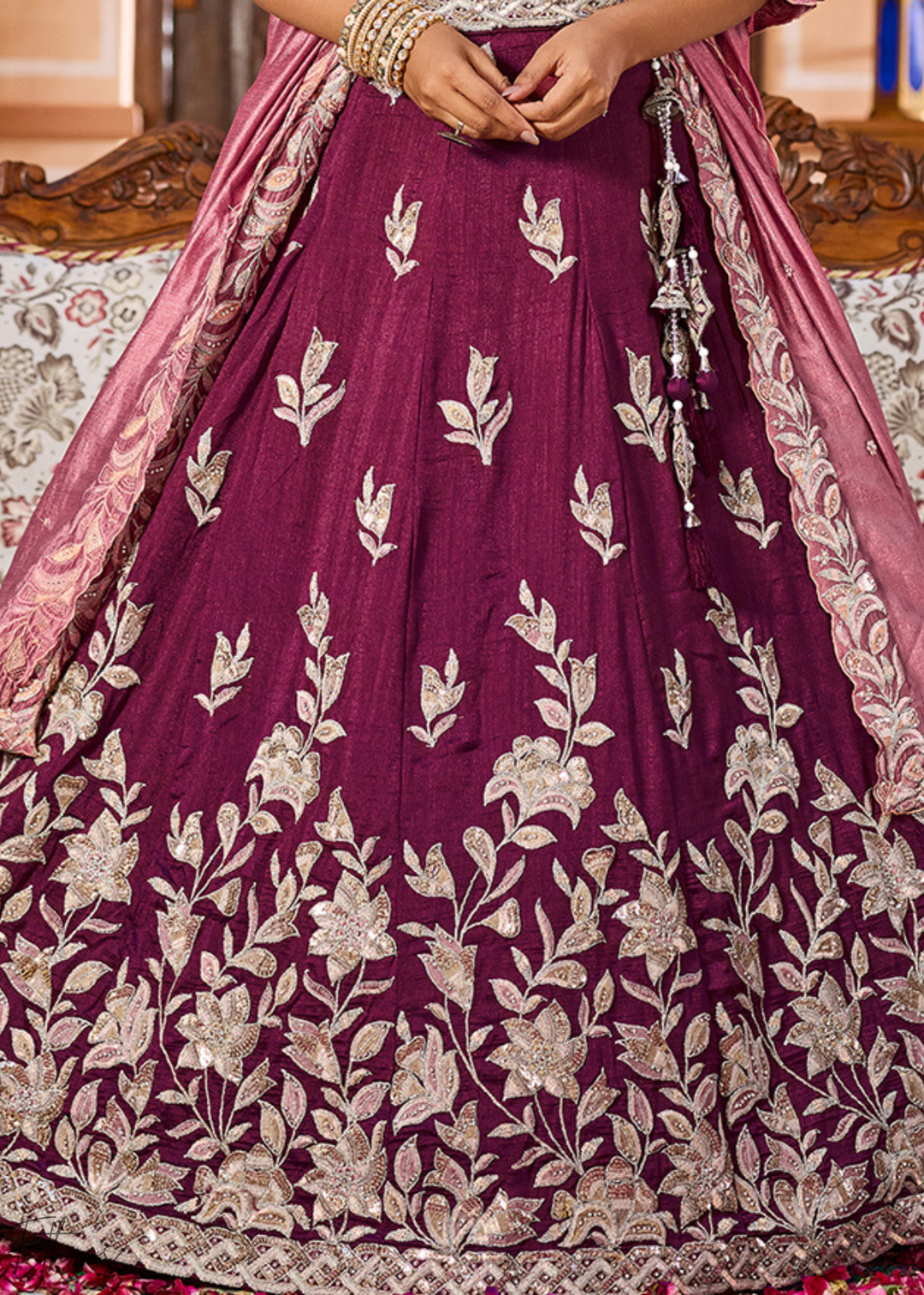 Magenta Plum Floral Gota Embroidered Silk Lehenga Choli