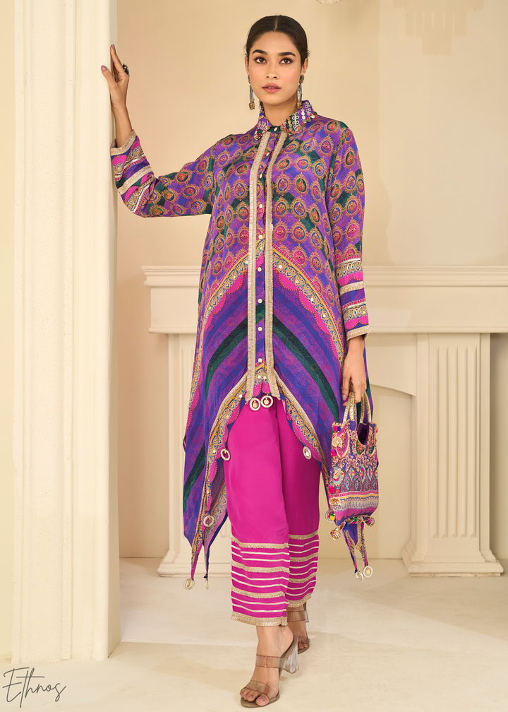 Magenta & Purple Abstract Geometric Lawn Tunic Set