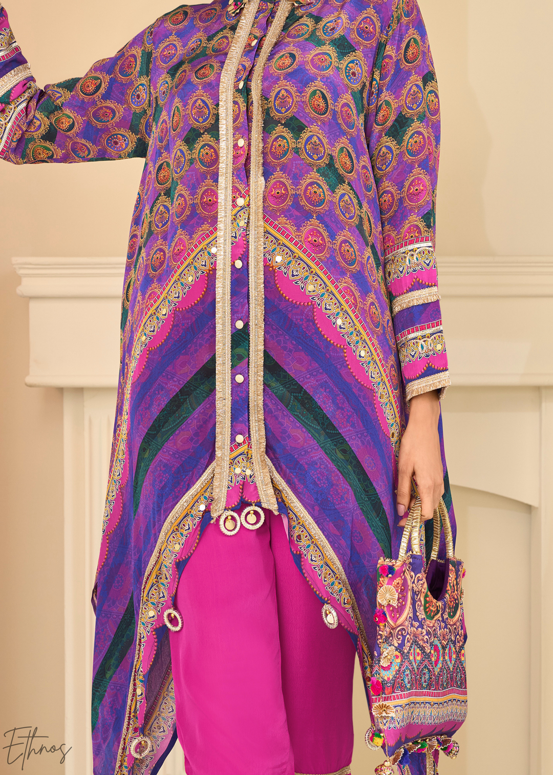 Magenta & Purple Abstract Geometric Lawn Tunic Set