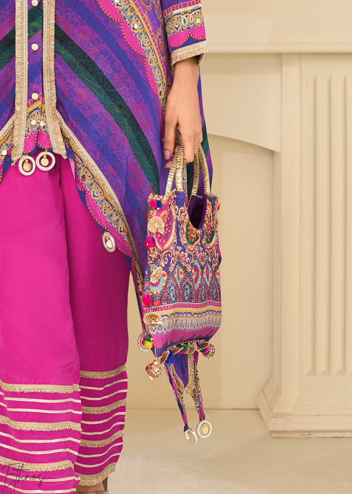 Magenta & Purple Abstract Geometric Lawn Tunic Set