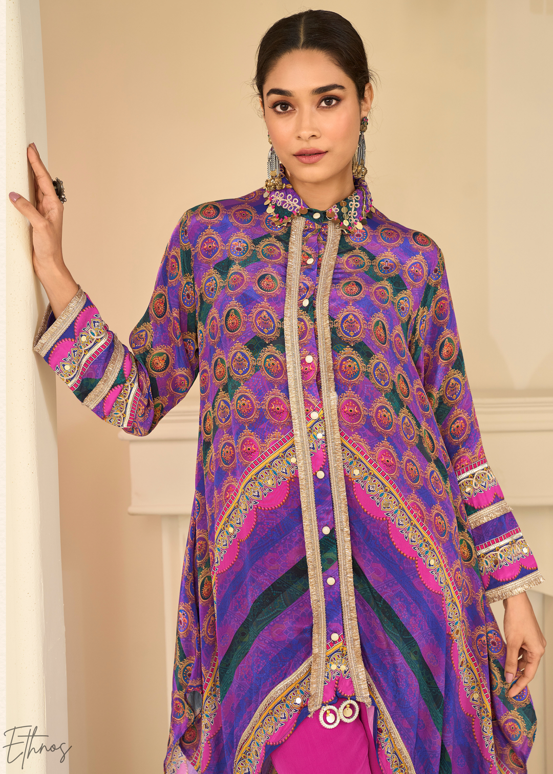 Magenta & Purple Abstract Geometric Lawn Tunic Set