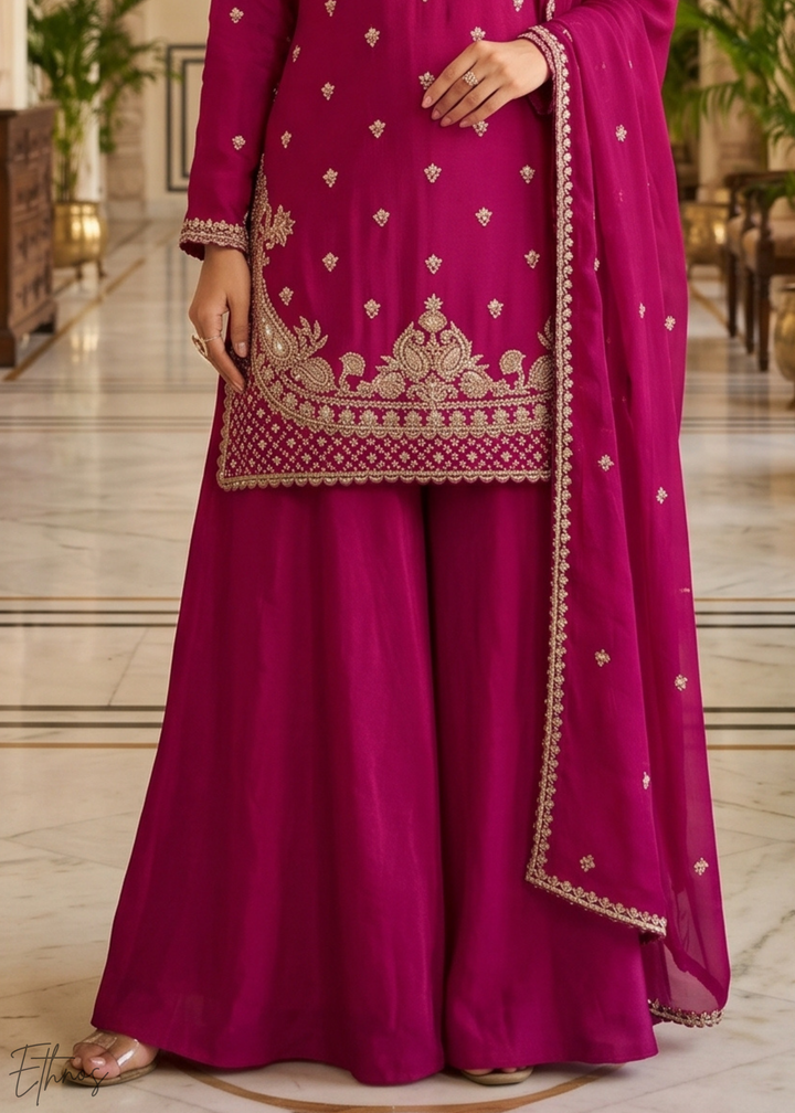 Magenta Purple Regal-Embroidered Chinon Sharara Suit