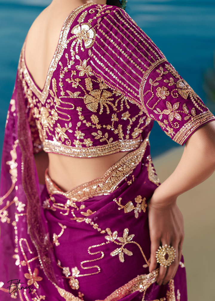 Magenta Purple Sequins Organza Saree