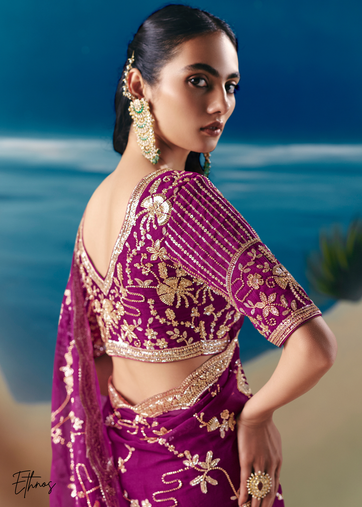 Magenta Purple Sequins Organza Saree