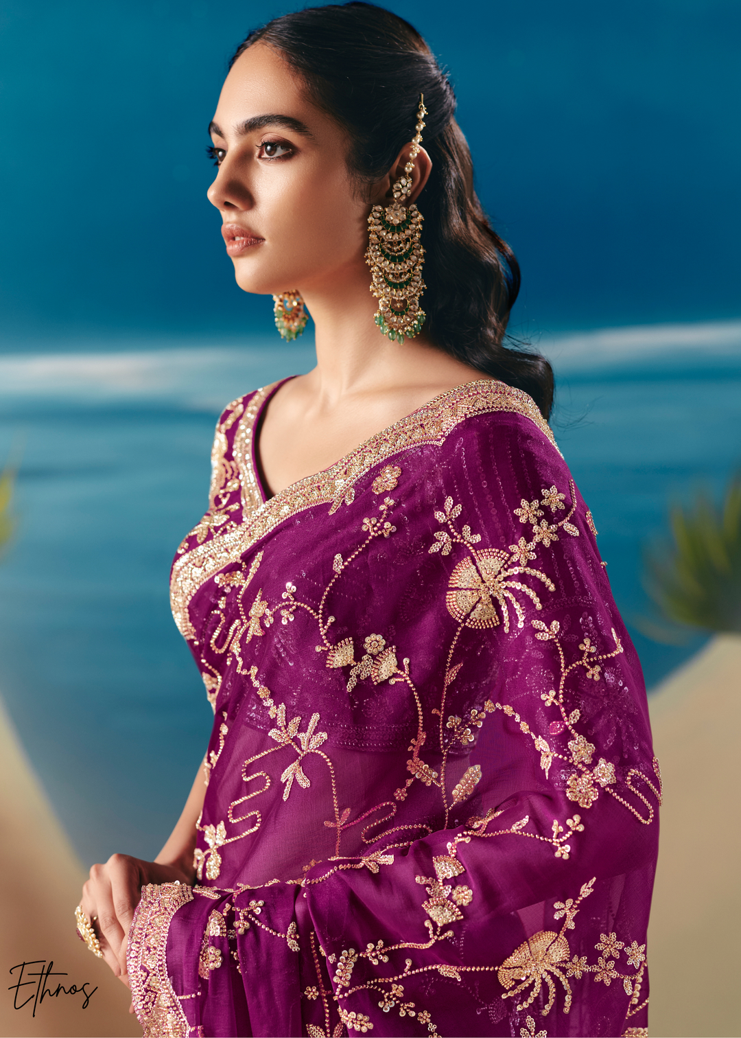 Magenta Purple Sequins Organza Saree