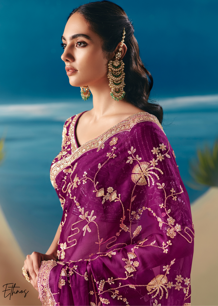 Magenta Purple Sequins Organza Saree