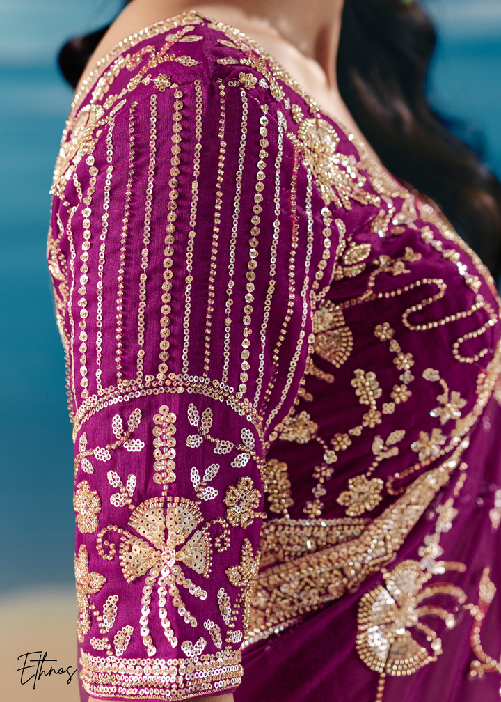 Magenta Purple Sequins Organza Saree