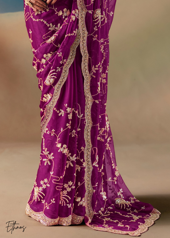 Magenta Purple Sequins Organza Saree